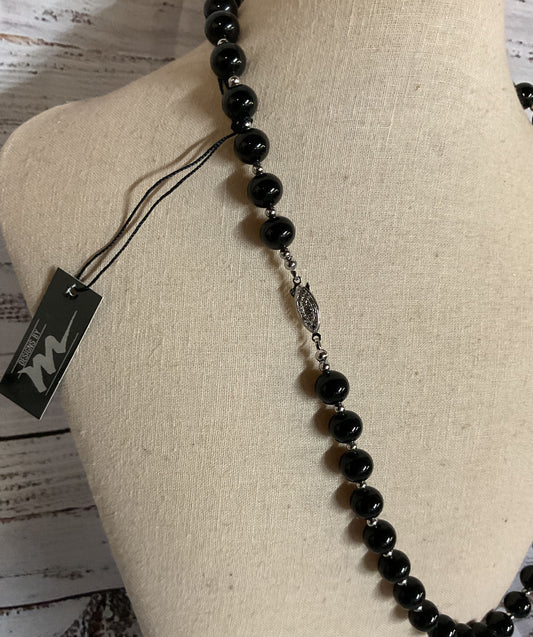 Faux Black Onyx Glass Beads Silver Clasp Necklace Made in Japan