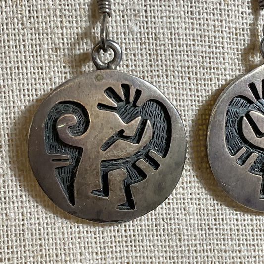 Signed VTG. Native Kokopelli Sterling Silver Dangle 1.75" Earrings- 11.38g