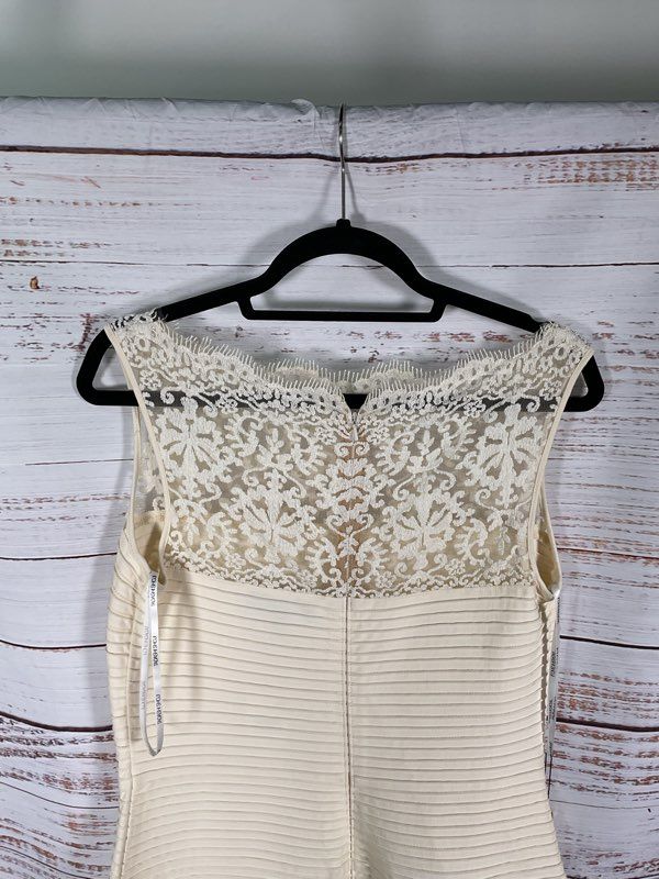 Tadashi Shoji Pintuck Jersey Boatneck Gown Size PXL Petite Cream Dress NWT $428