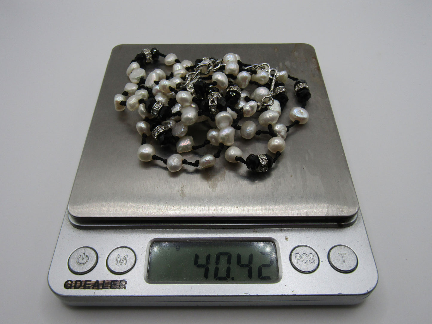 16 1/4" Multi Strand Freshwater Baroque Pearl Onyx Rhinestone Necklace