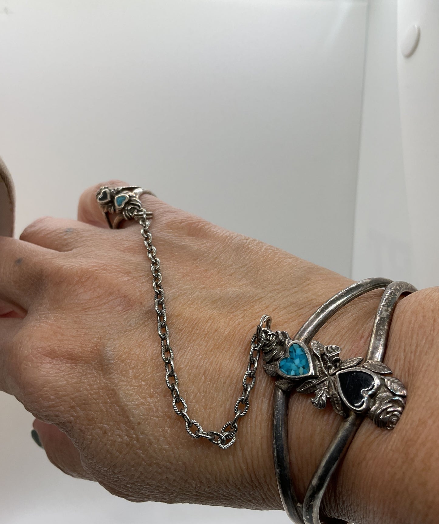 G&S RP Silver Tone Two Hearts Cuff Bracelet with SZ 5.25 Chain Ring
