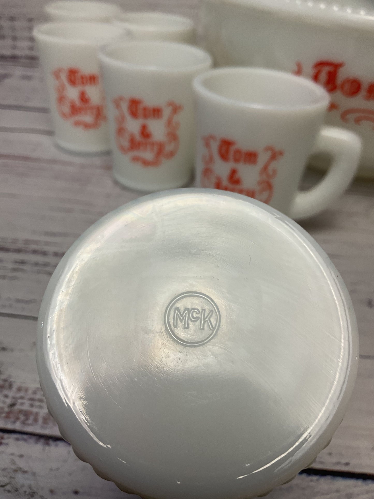 Mckee Tom & Jerry Milk Glass 12 Cups 1 Punch Eggnog Bowl 11" 12 Mugs