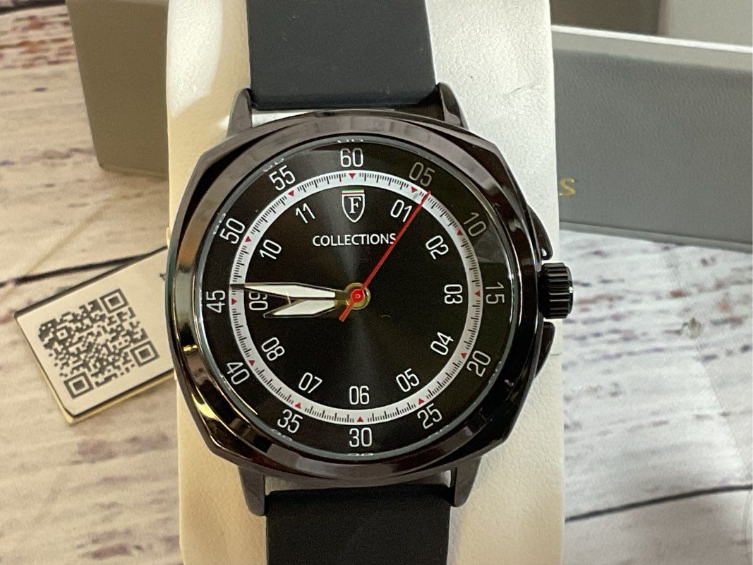 NWT F COLLECTIONS PR430 Men's Silver Tone Black Band Watch