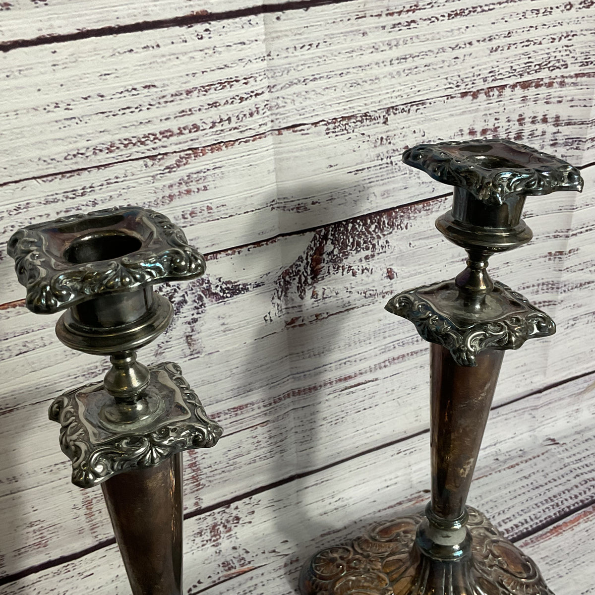 Pair of ANTIQUE FORBES Silver Co. Quadruple Plated Repoussé 10" Candle Sticks