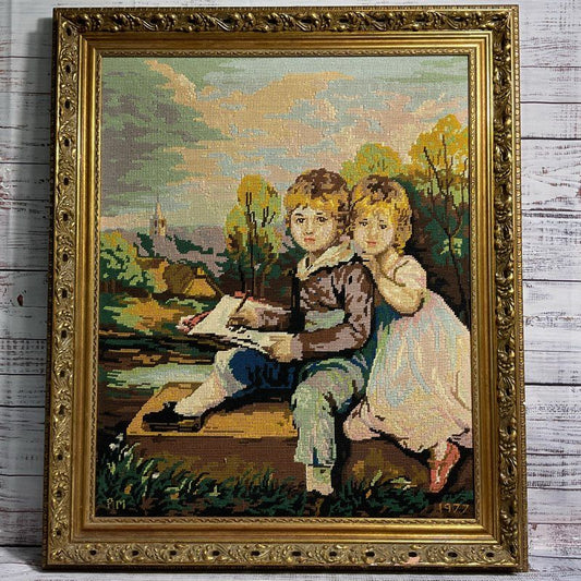 VTG 1977 The Bowden Children Hoppner Needlepoint Reproduction Signed PM, Framed