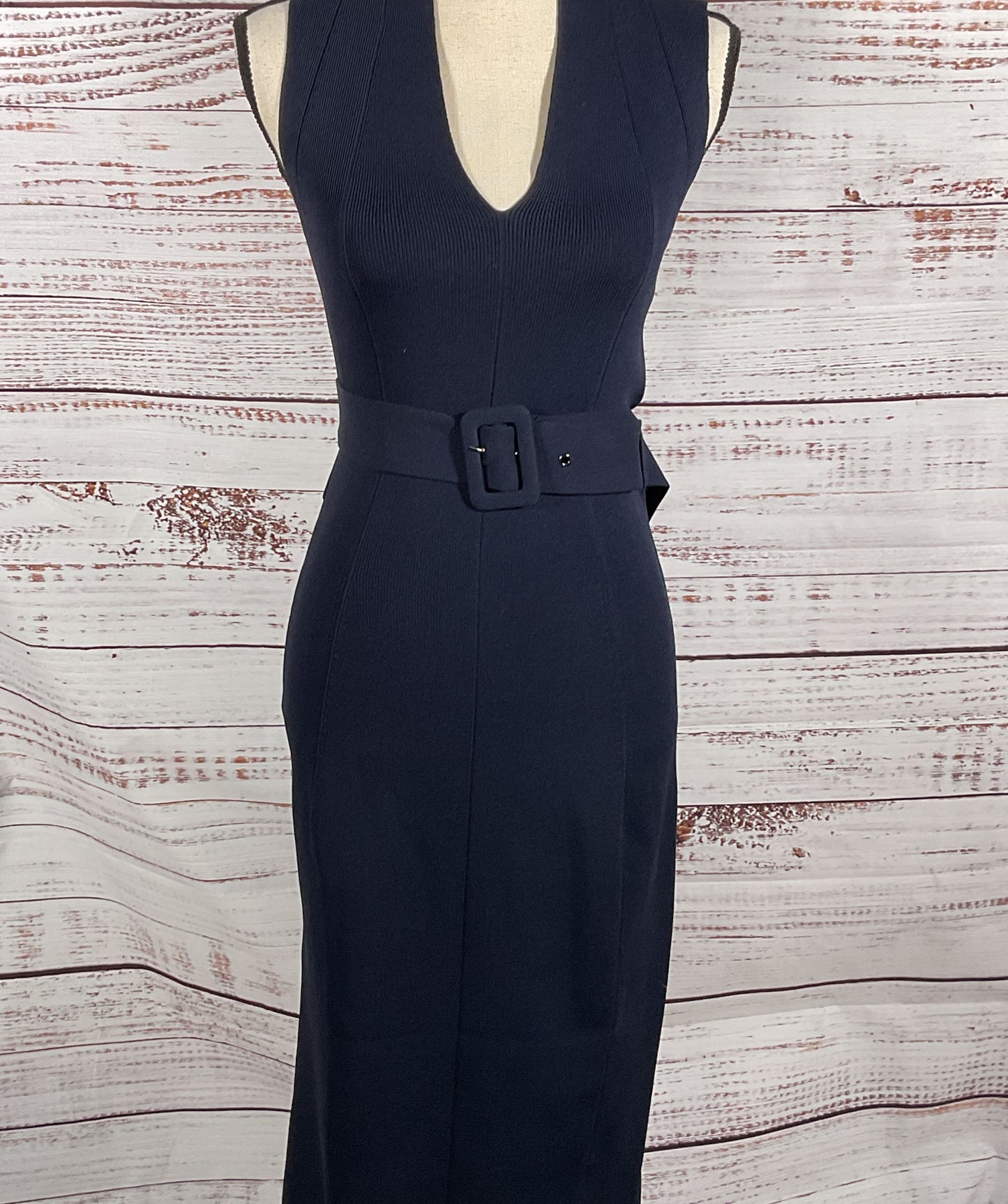 Reiss Ella Knitted Ribbed Belted Midi Dress Navy Blue S