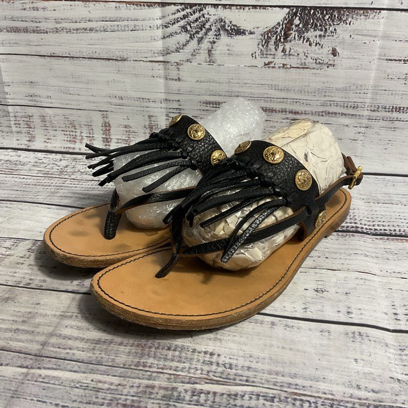 Valentino Garavani Black Leather Fringe Coin Detail Gladiator Sandal Flats sz 6