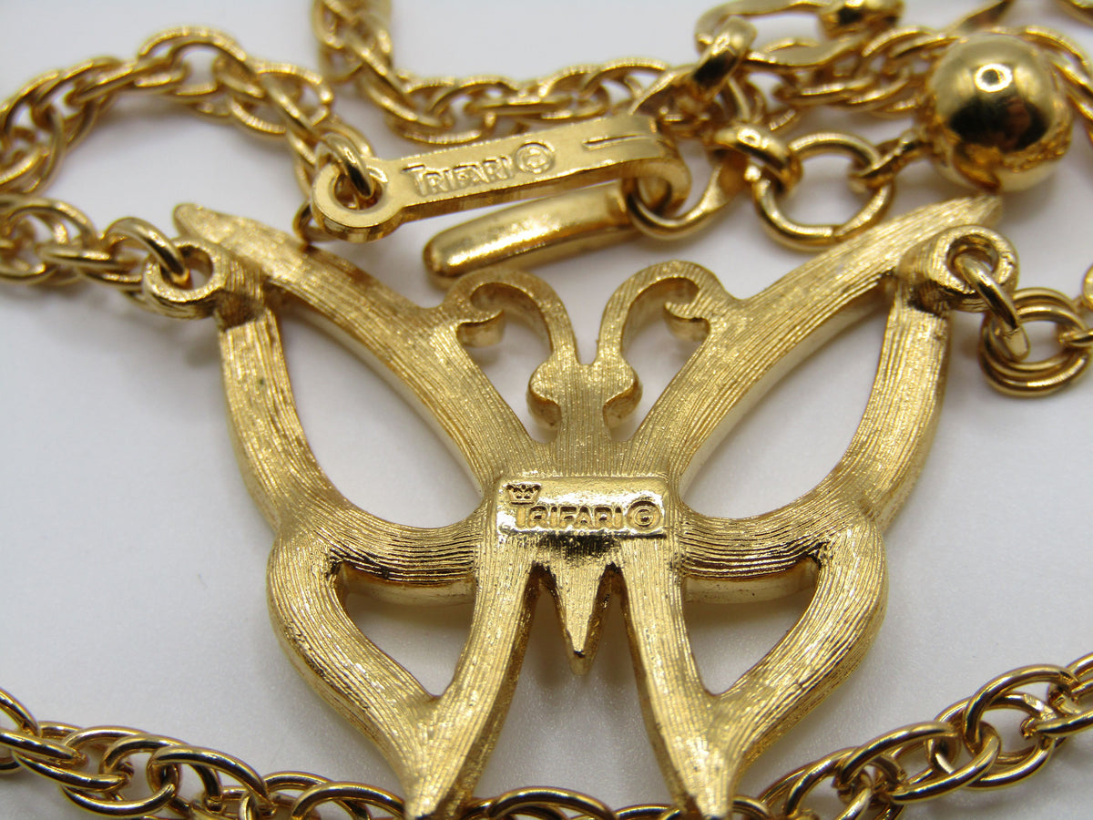 Trifari Gold Plated Butterfly Pendant Necklace