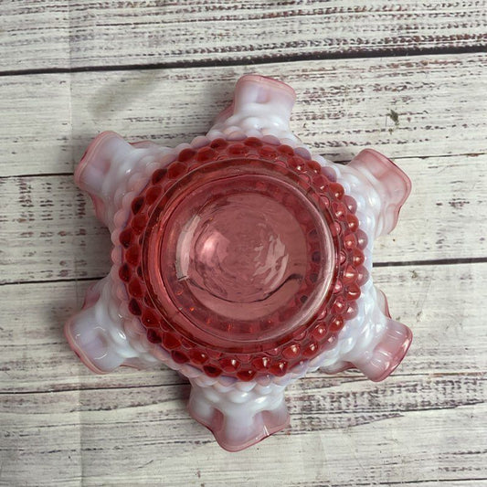 VTG. Fenton Cranberry Opalescent 5" Ruffled Edge Hobnail Glass Bowl