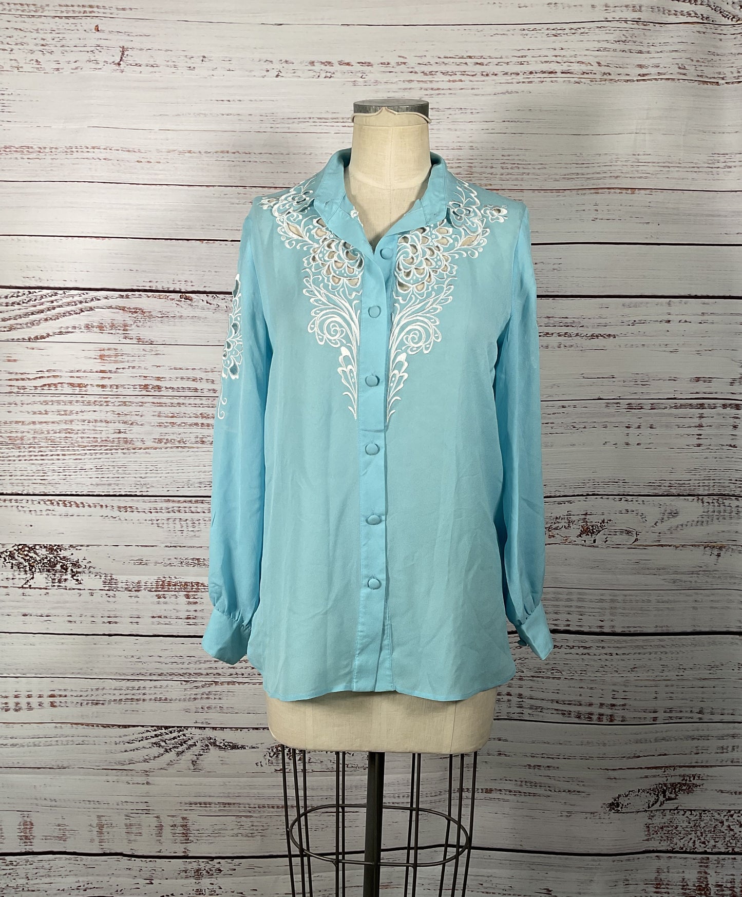 Bob Mackie Wearable Art 100% Silk Button-Up w/ Embroidery Applique and Cut-Outs