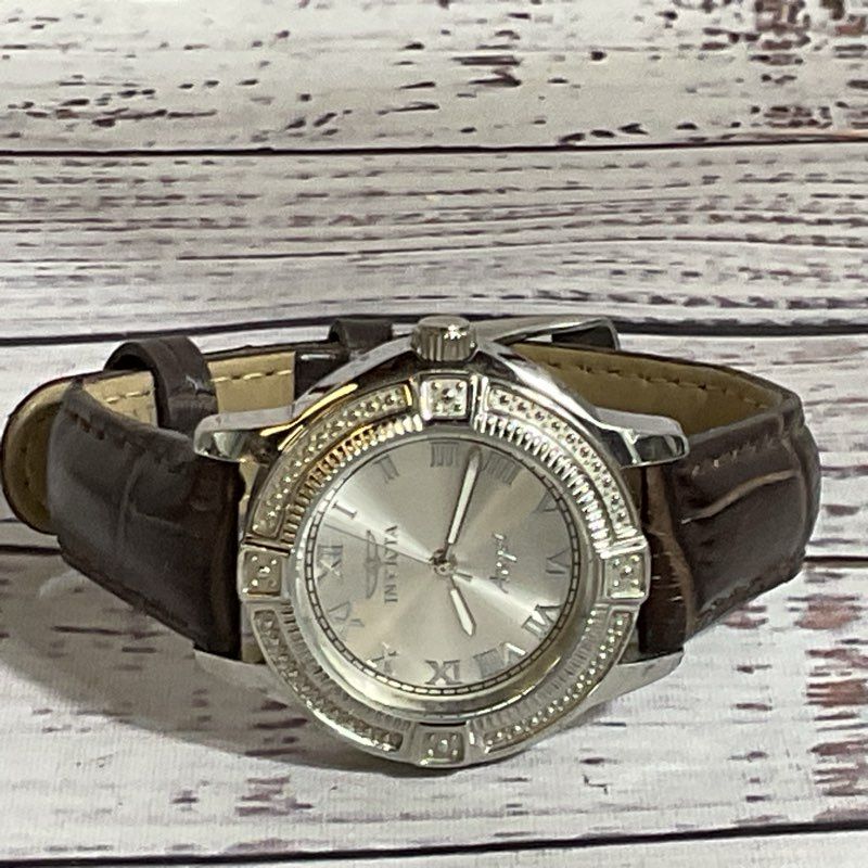 INVICTA Angel Collection Women's Silver Tone Brown Leather Band Watch