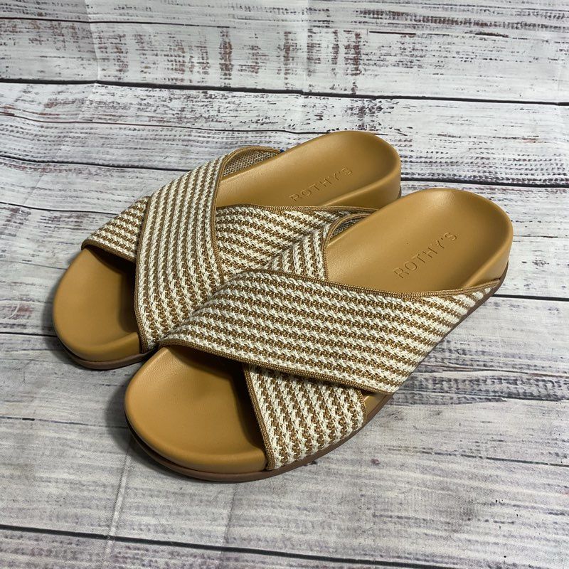 Rothy's The Weekend Slide Beige White Stripe Knit Strap Sandal Women 7