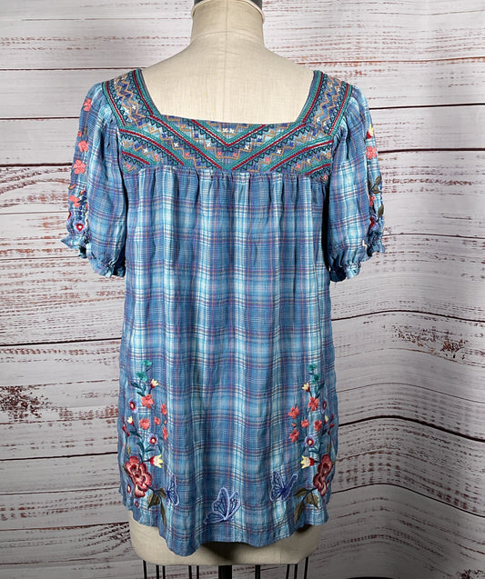 Johnny Was Aimee Puff Sleeve Floral Embroidered Top Blue S
