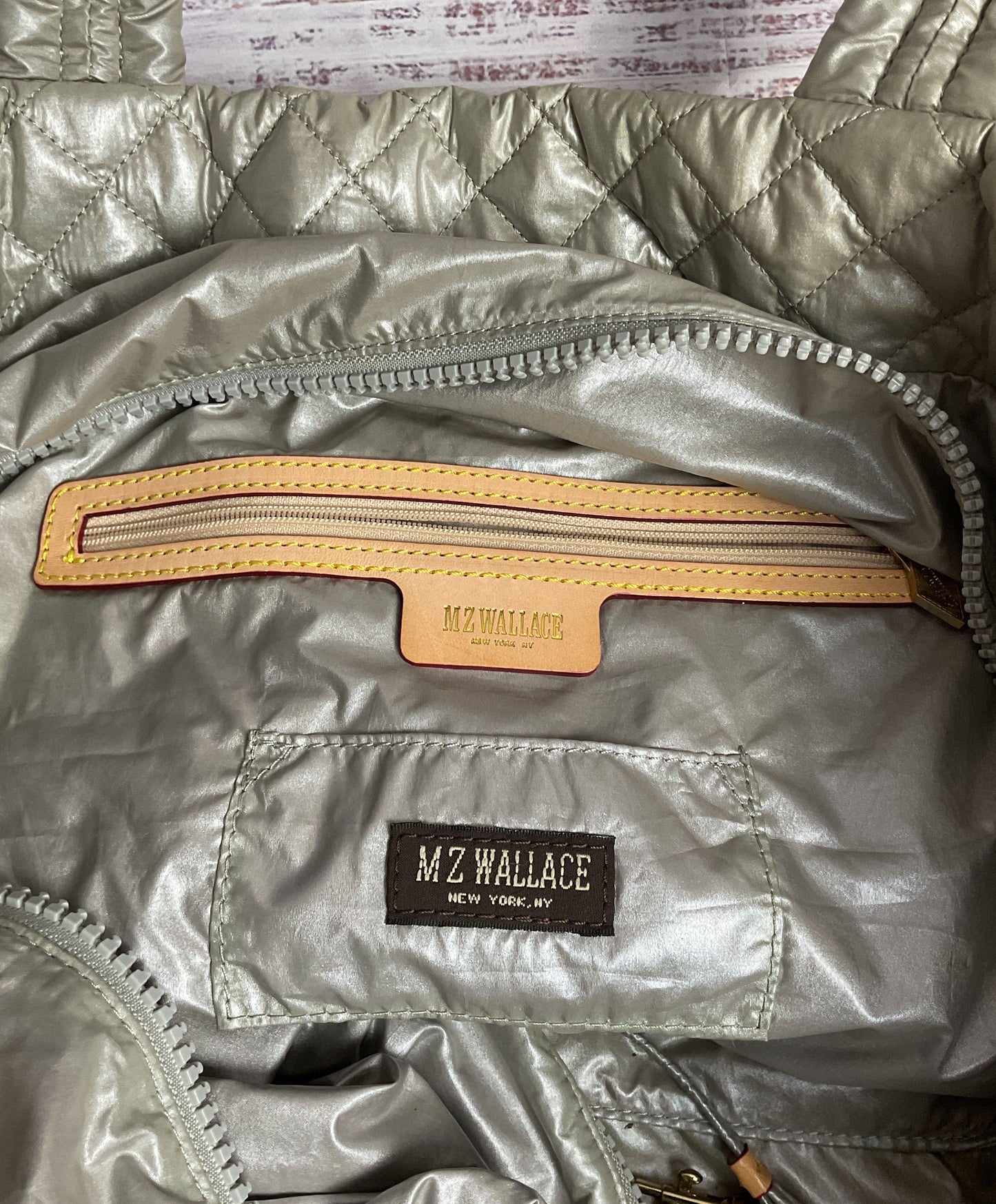 2 Piece MZ Wallace Sutton Deluxe Metallic Silver Quilted Tote & Toiletry Bag