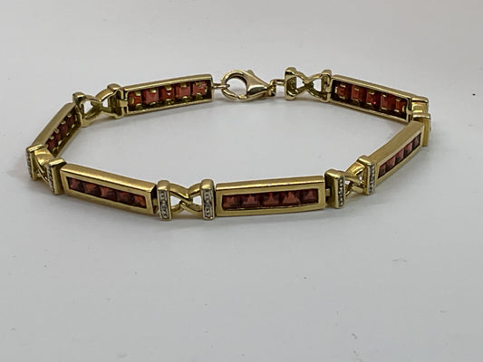 14K Yellow Gold Diamond & Garnet 6.75" Linked Bracelet- 12.84g