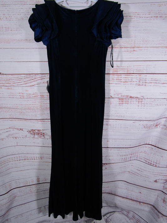 Tadashi Shoji Maylee Women's Navy Blue Velvet Rosette-Shoulder Gown Dress Size L