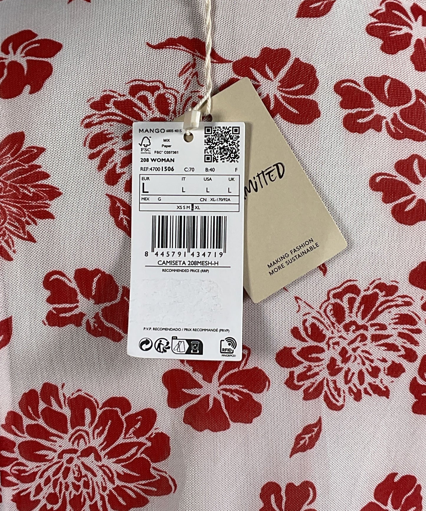 Mango Floral Print Long Sleeve Shirt Red White L