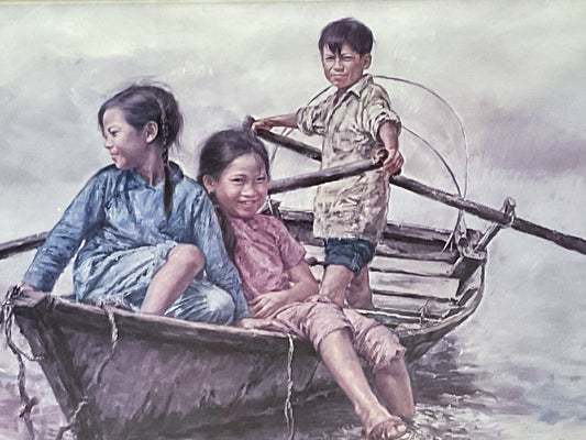 Signed WAI MING 3 Children in Sampan Color Lithograph Print FRAME 42.5" X 35.5"
