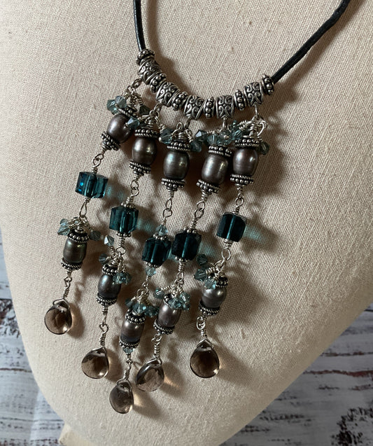 Vintage Black Cord Necklace Sterling Silver Pearl, Smoky Topaz, Beaded Charms