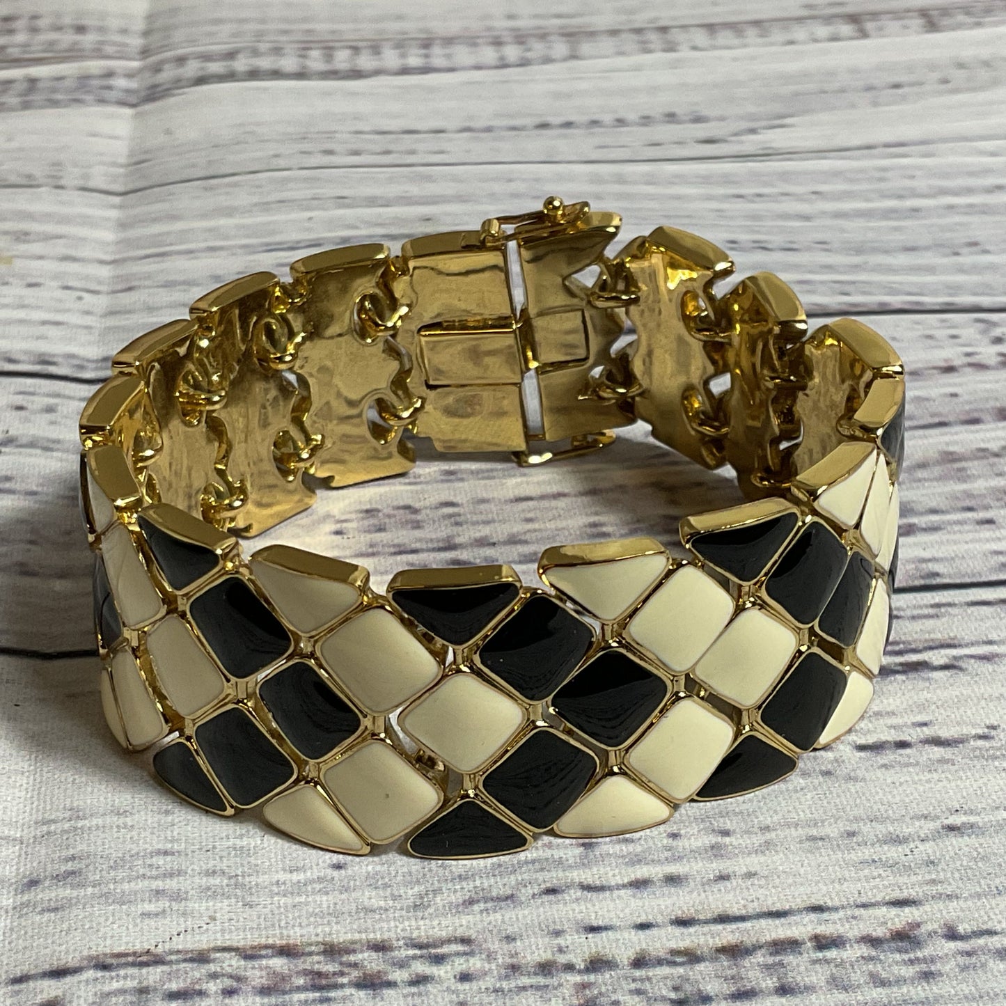TRINA TURK Gold Tone White/Black Enamel Wide Bracelet
