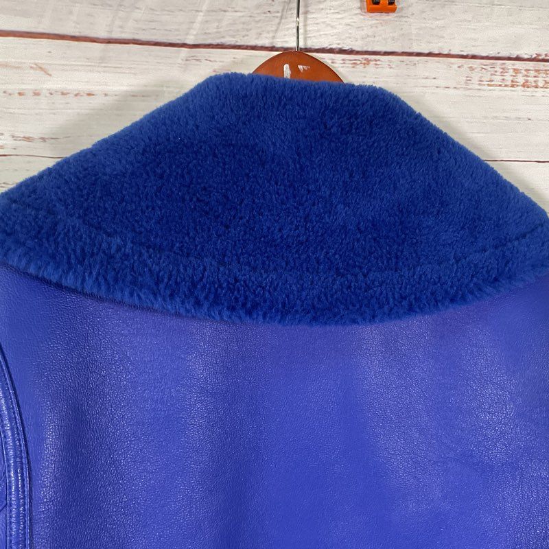 Mango Blue Faux Leather & Shearling Collar Full Zip Jacket - Size M