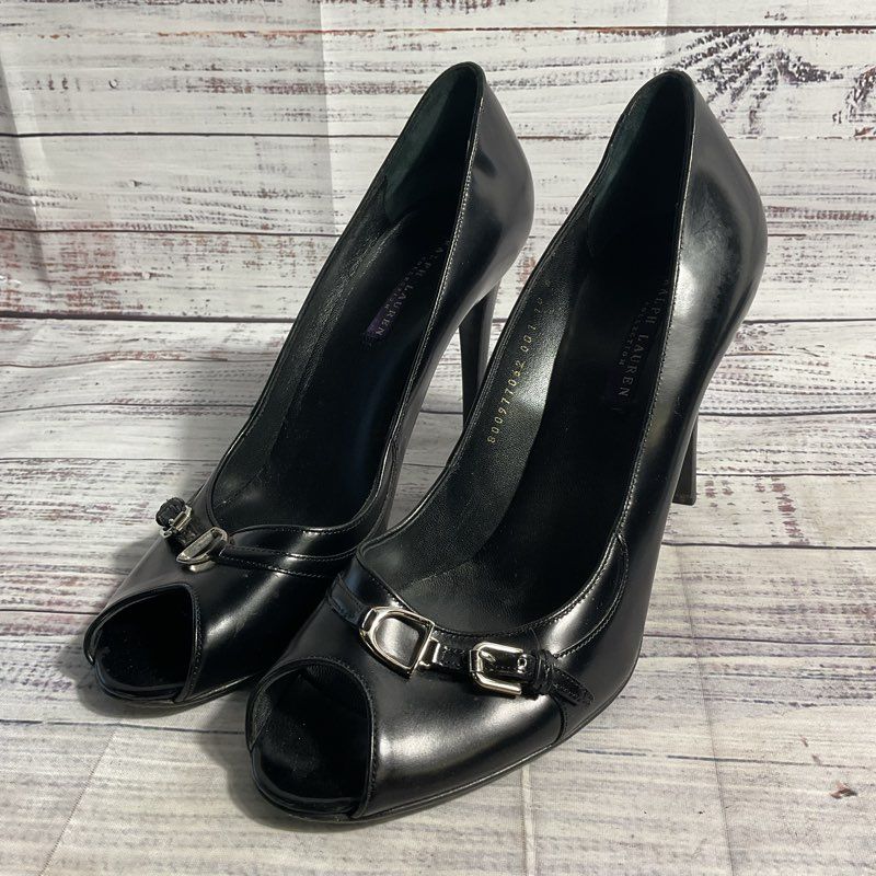 Ralph Lauren Purple Label Black Leather Buckle Toe Pump Heel Women's 10 US