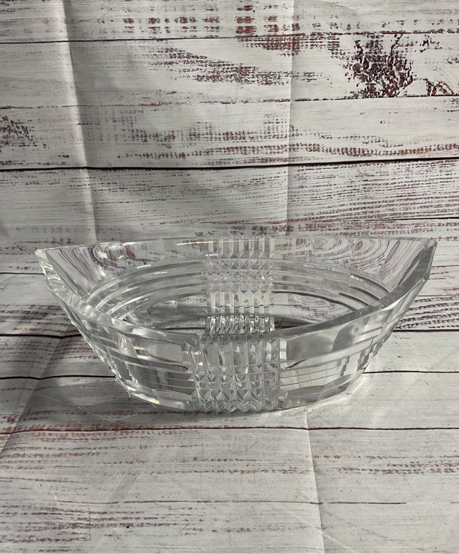 Cut To Clear Glass Crystal Val St Lambert Signed Oval Pointed Bowl 9"