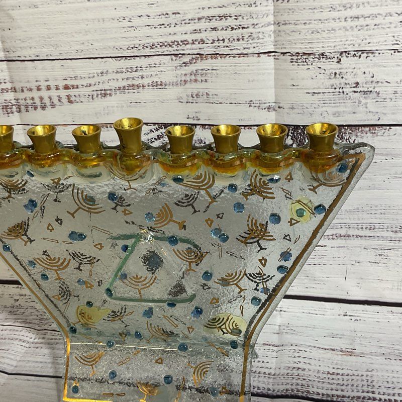 Judaica Art Glass Menorah with Brass- 8.25" x 11"