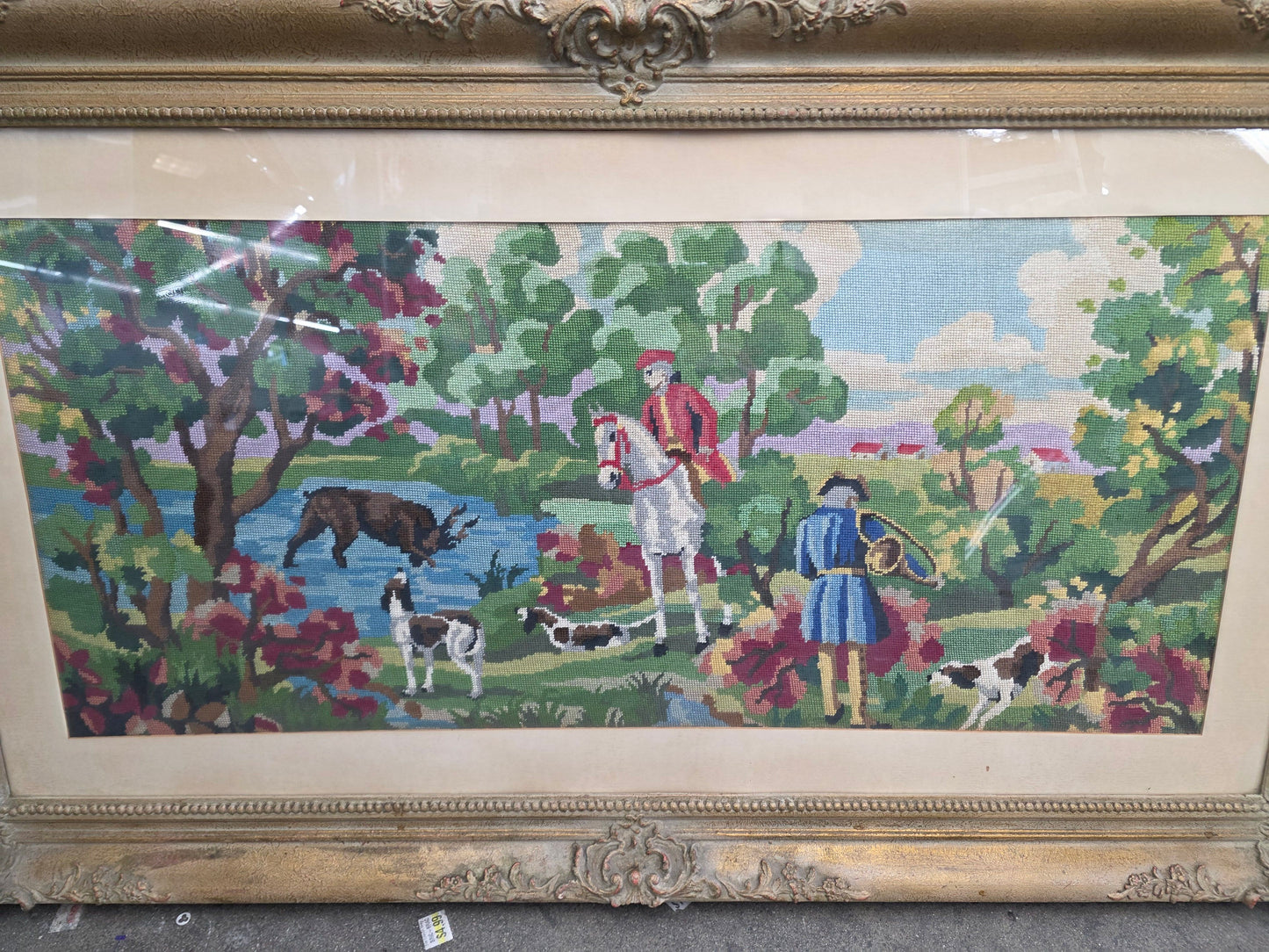 Vintage French Needlepoint Hunting Scene Framed PICK UP ONLY