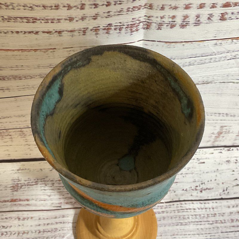VTG. Pottery Goblet With Wood Stem- 7.75"