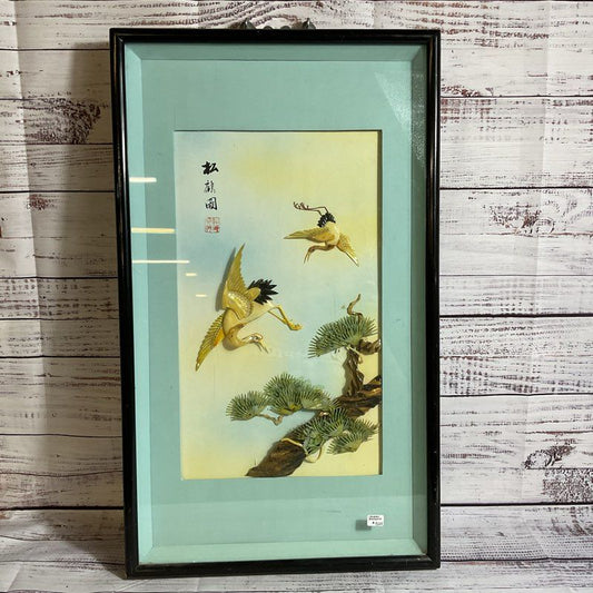 VTG. Chinese Relief Mother of Pearl Bird Stone Tree Art- FRAMED 24" X 14"