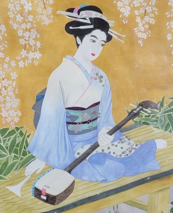VTG./ANTIQUE Signed Japanese SATSUO SUZUKI Geisha Silk Painting- FRAME 27" X 35"