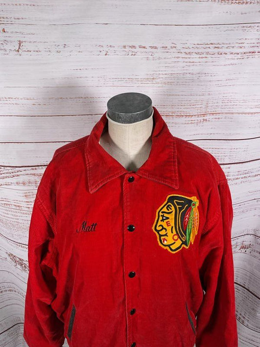 Vintage Rennoc Chiefs Hockey Logo Red Corduroy Snap Varsity Jacket Size XL 48