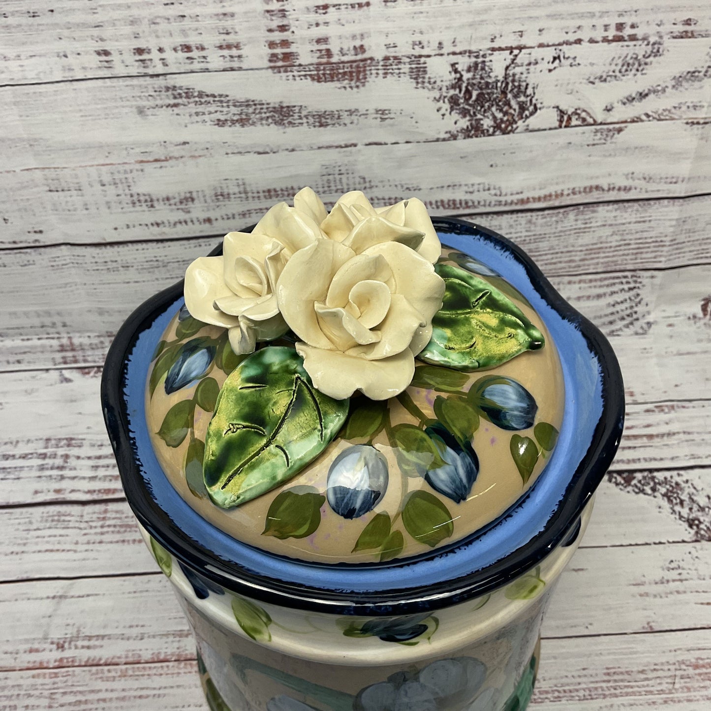 Lesal Ceramics Hand Painted Blue Floral Jar Canister 11"
