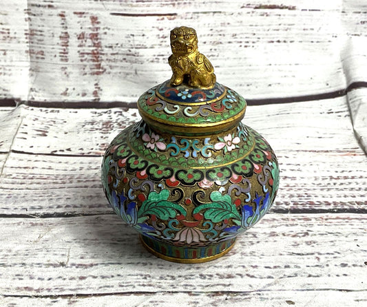 Vintage Chinese Cloisonné Enamel Foo Dog Set of 2 Lidded Jars Multicolor