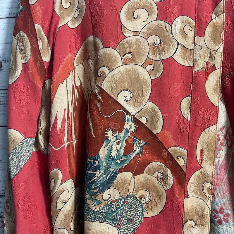VTG. Citron Red Silk Dragon Pattern Mandarin Collar Button Up Tunic Blouse sz S
