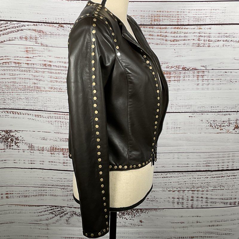 WORTH Women's Brown Faux Leather Studded Zip Up Jacket- XP
