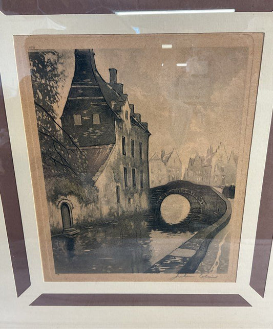 Julien Celos 1884-1953 Belgium Canal Scene Charcoal Etching Signed Print
