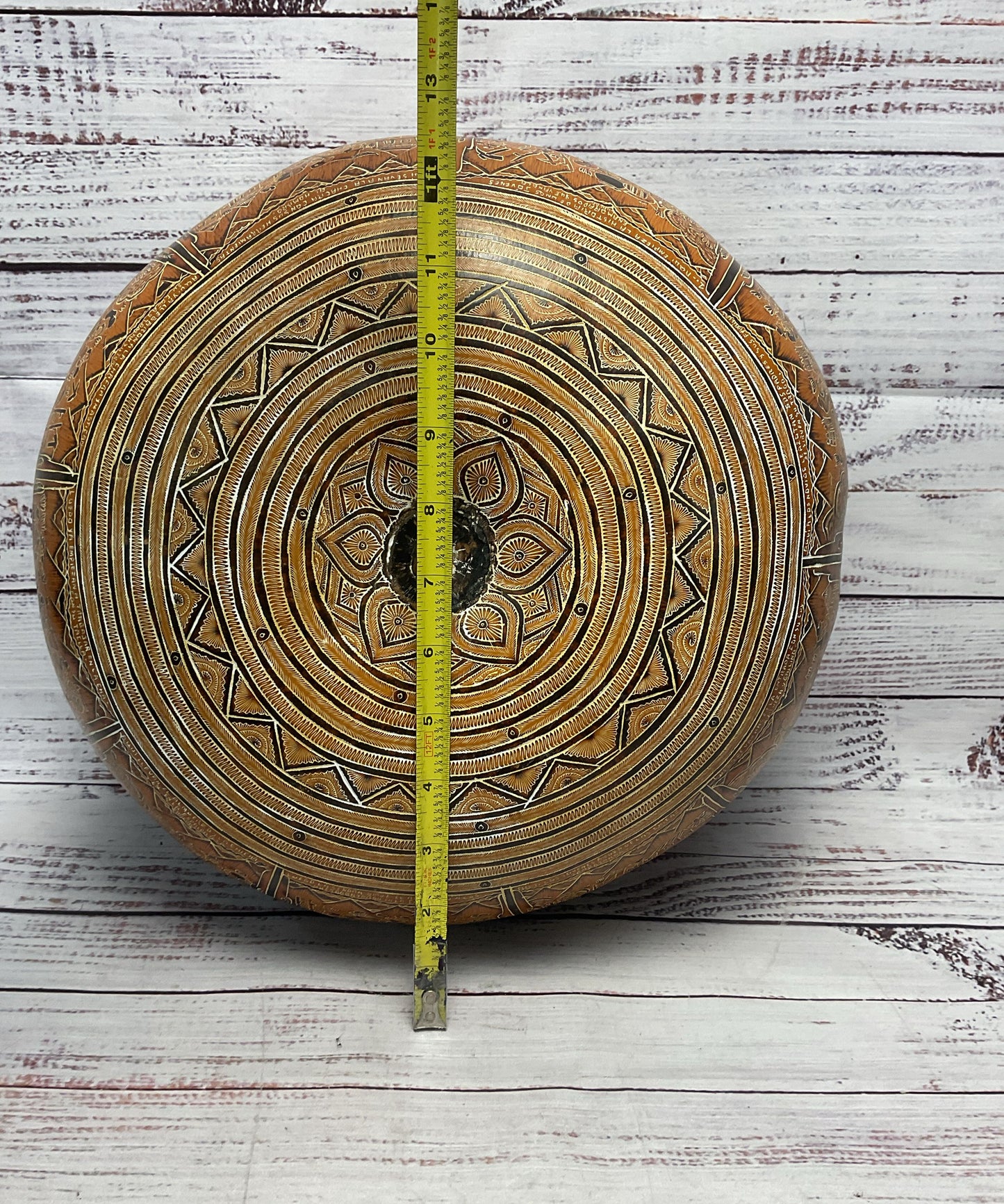 Peruvian Hand Carved Colored Pictorial Gourd Large 12.5"