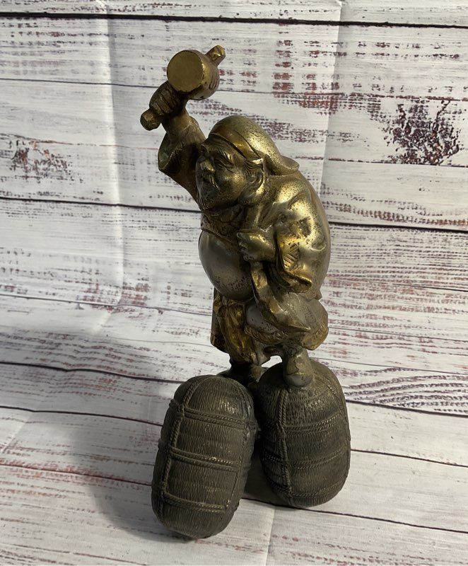 Antique Metal Japanese Statue / Sculpture Daikokuten Seven Lucky Gods 9.5"