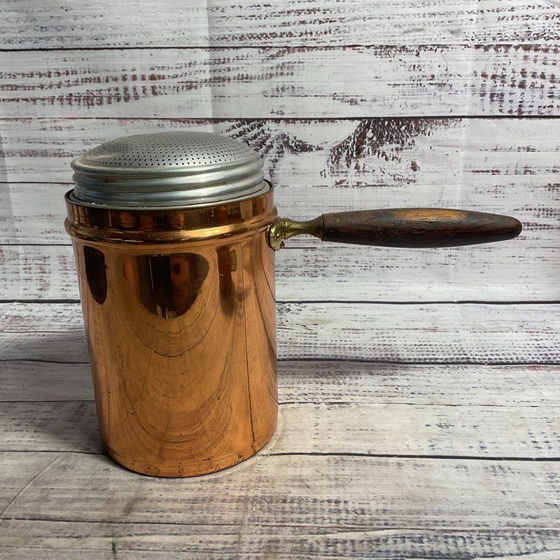 Set Of 2 Vintage Copper Muffineer Powder Sugar Shaker Italian Wood Handle