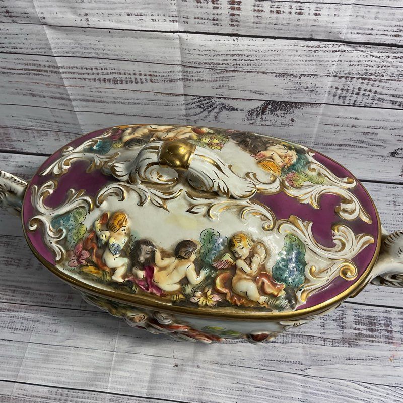 VTG Keramos R. Capodimonte Cherub Pedestal Bowl Lidded 20" Italian Tureen