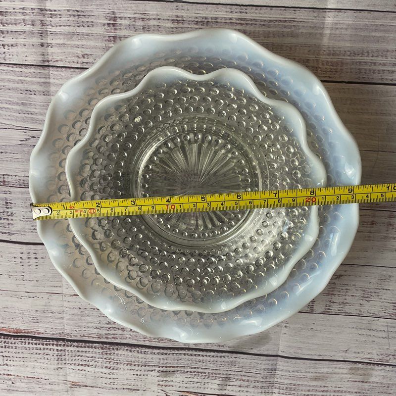 Vintage Set Of 2 Hobnail Moonstone Opalescent Ruffled Edge Glass Bowls