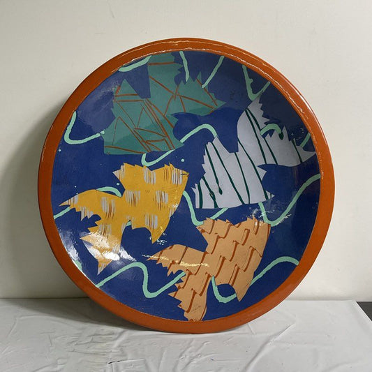 Vintage 1985 Hand Painted Abstract Fish Bowl Pottery Signed (Lisa C?) 1985