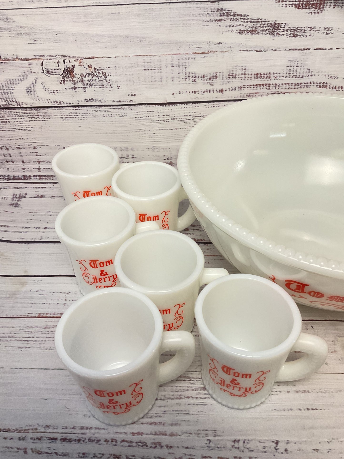 Mckee Tom & Jerry Milk Glass 12 Cups 1 Punch Eggnog Bowl 11" 12 Mugs