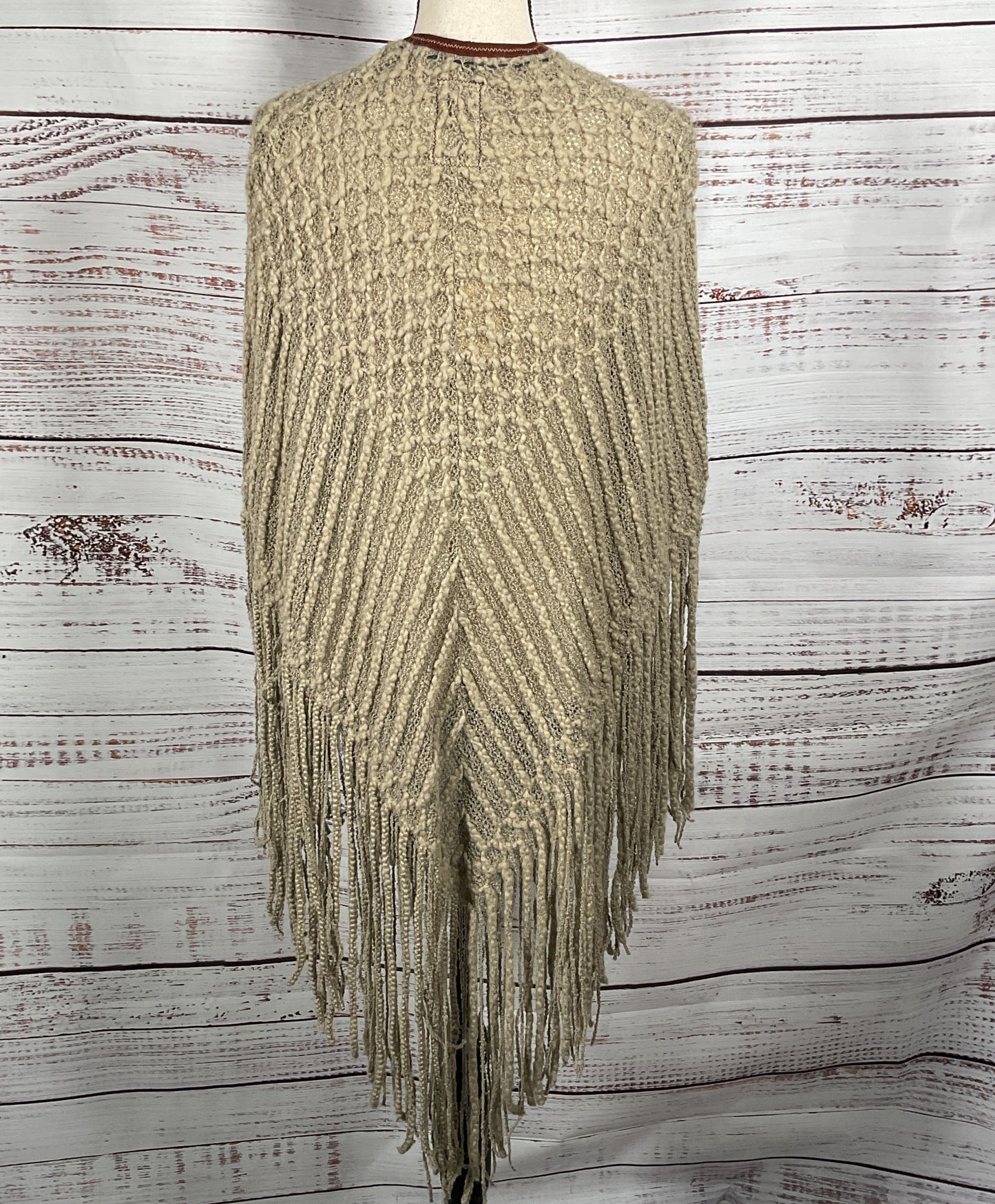 Burning Torch Karyn Craven Knit Fringe Poncho Beige OS
