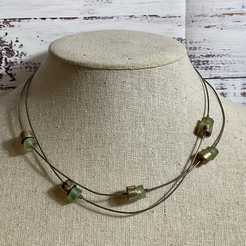 VTG. LULU HAMERSZTEIN SR Sterling 2 Strand Green Gemstone 16" Necklace- 10g