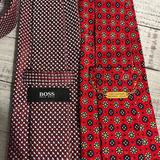 Hugo Boss & Fred Hayman Beverly Hills 2 pc. Lot Red Geometric Pattern Silk Ties
