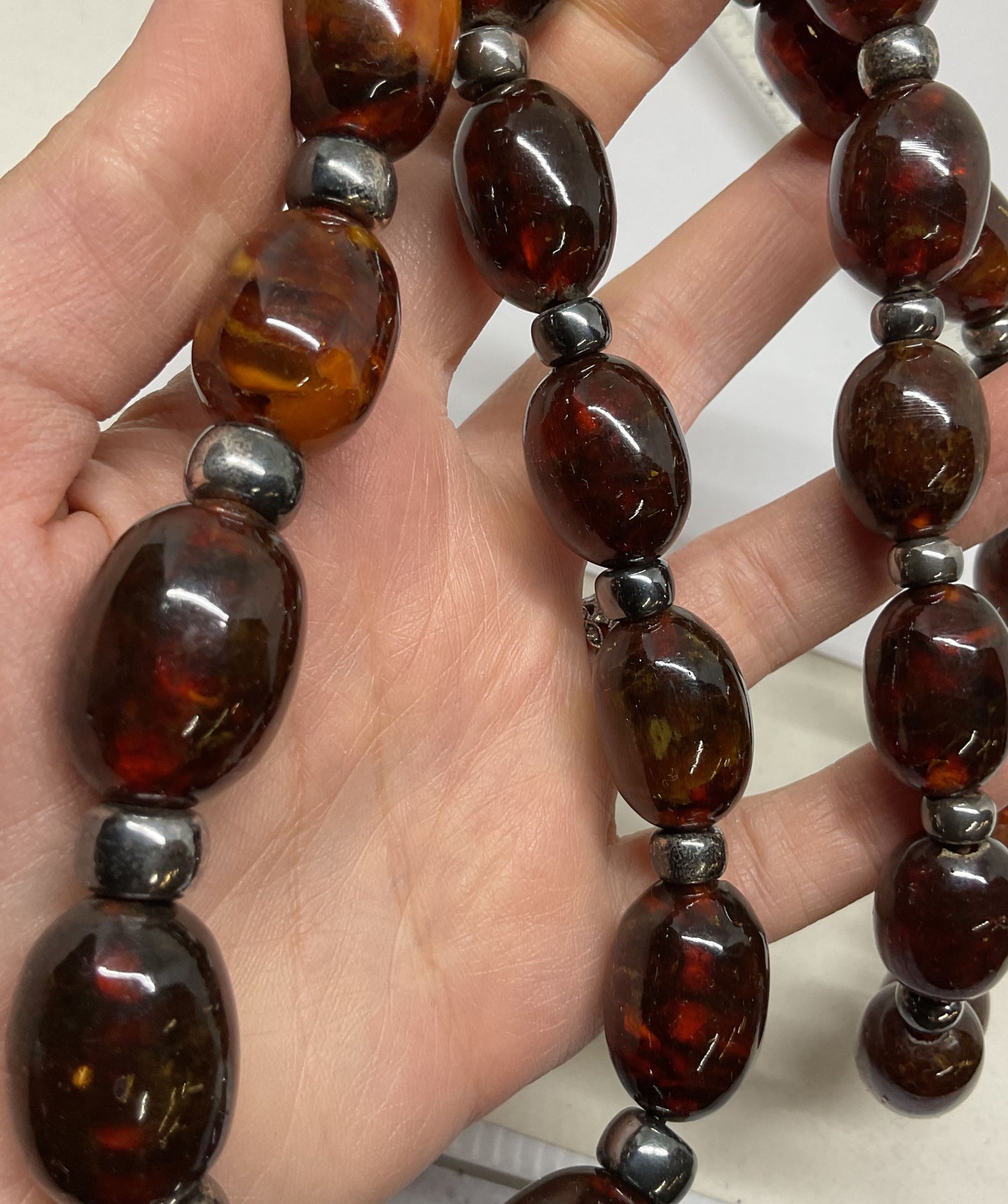 Amber & Silver Beads Vintage Necklace 27"