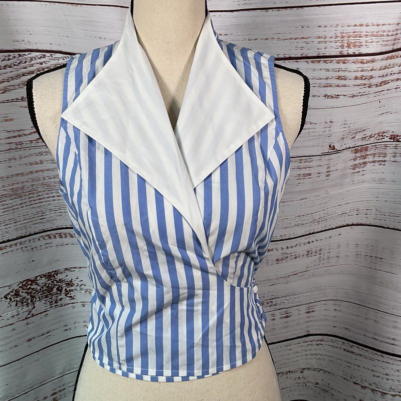 NWT STAUD Sample Women's Blue/White Strip Wrap Sleeveless Blouse- SZ 4